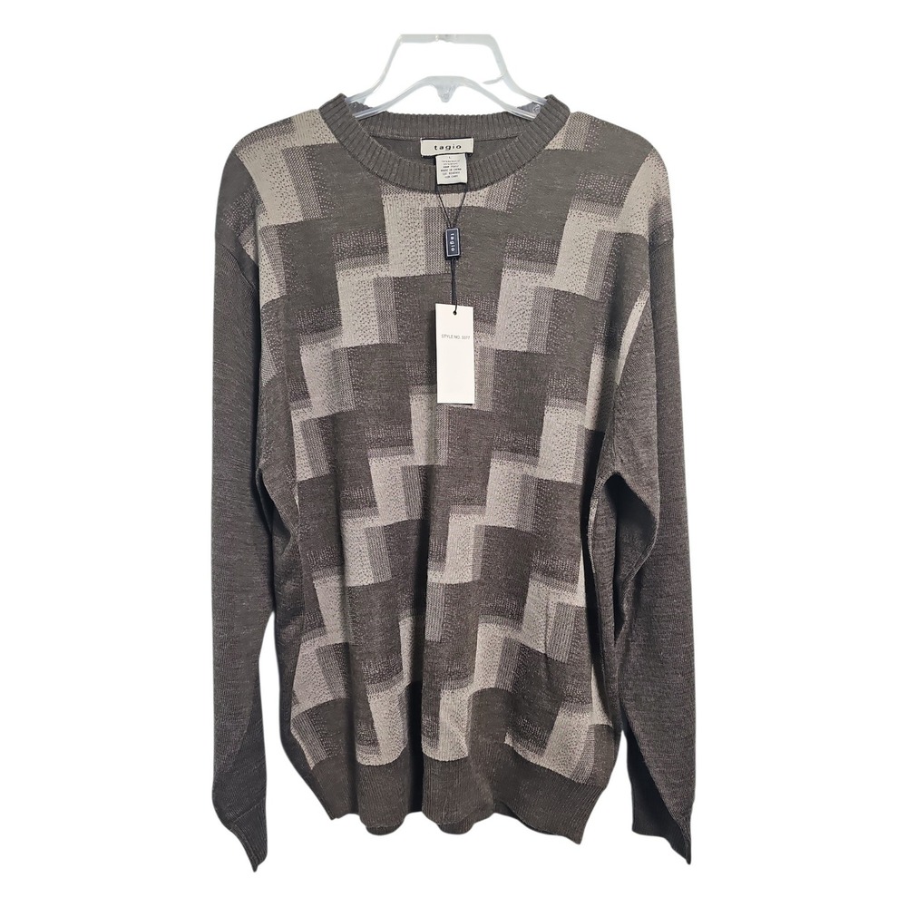 Tagio Sweater Geometric Knit Wool Blend Grey Mens Large